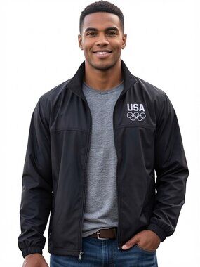USA Olympic Committee Track Sporty Jacket XL Black Full Zip Made In USA